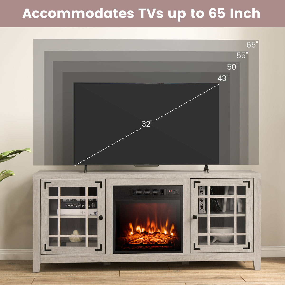 58 Inch Fireplace TV Stand with Adjustable Shelves for TVs up to 65 Inch-Natural-Entertainment Centers & TV Stands-DECOROLALA