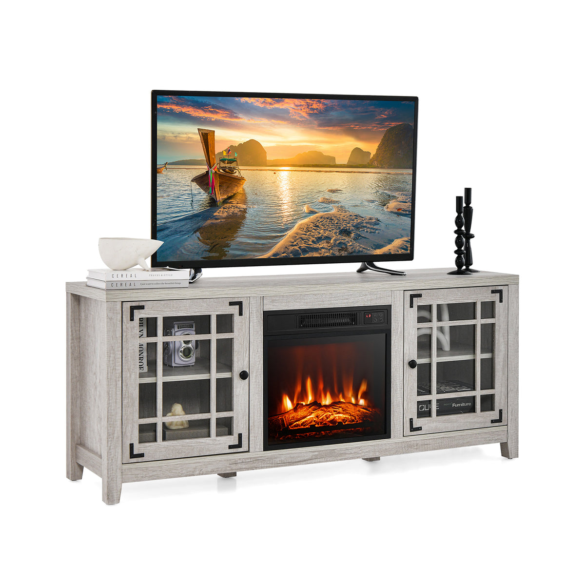 58 Inch Fireplace TV Stand with Adjustable Shelves for TVs up to 65 Inch-Natural-Entertainment Centers & TV Stands-DECOROLALA