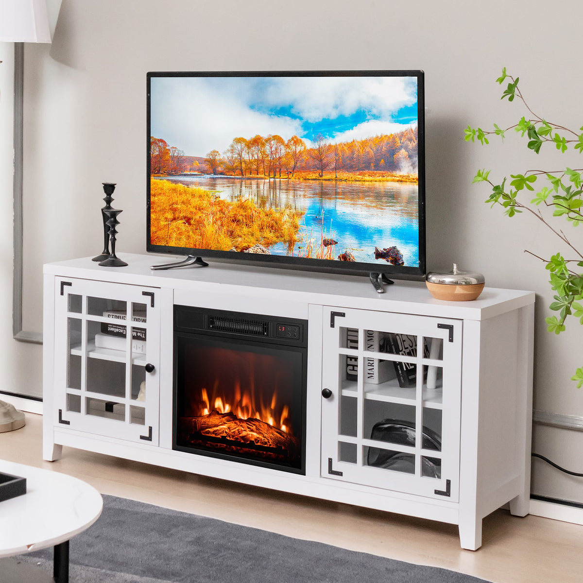58 Inch Fireplace TV Stand with Adjustable Shelves for TVs up to 65 Inch-White-Entertainment Centers & TV Stands-DECOROLALA