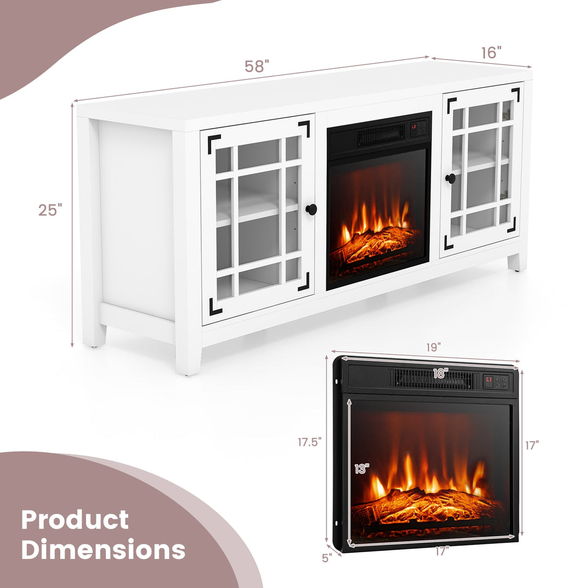 58 Inch Fireplace TV Stand with Adjustable Shelves for TVs up to 65 Inch-White-Entertainment Centers & TV Stands-DECOROLALA