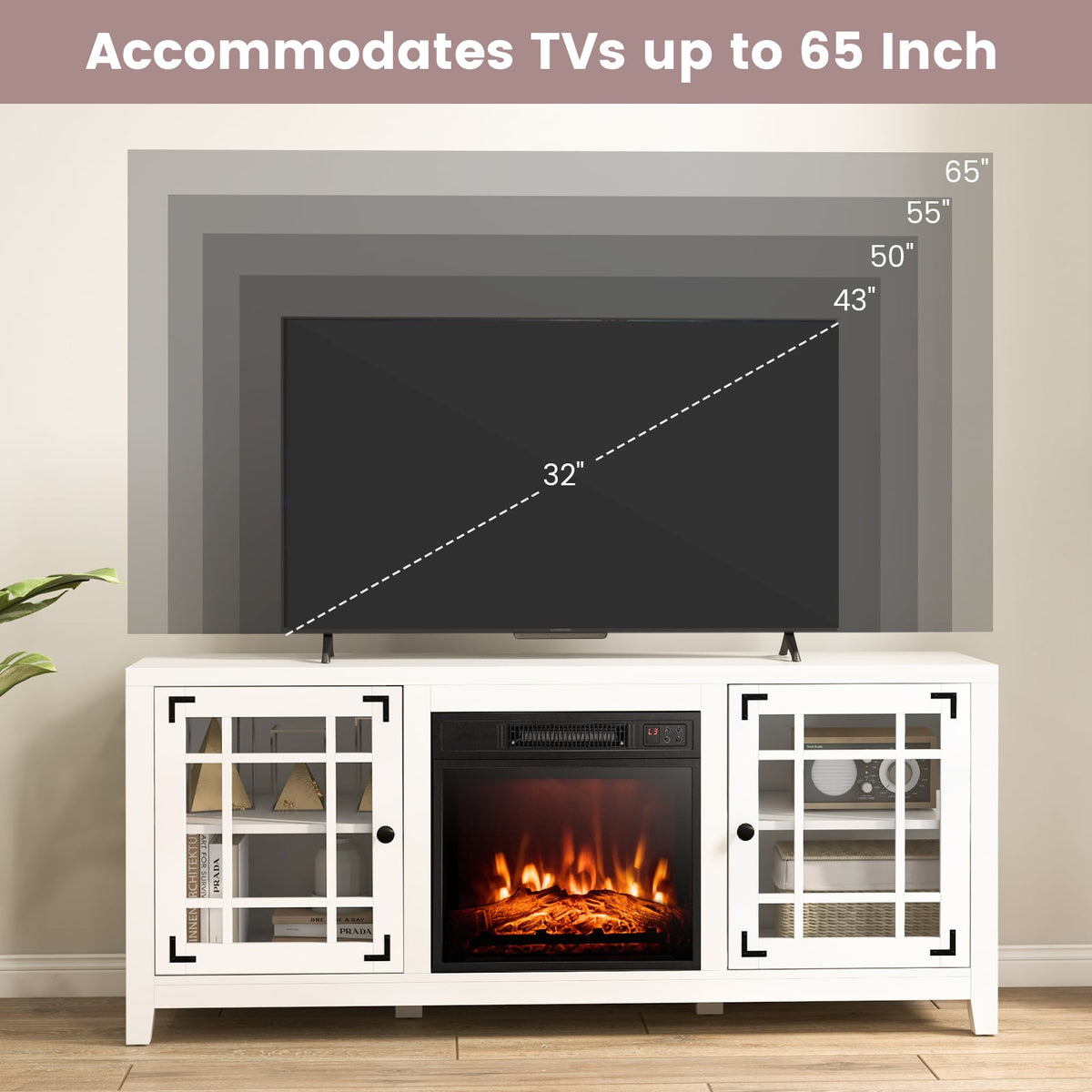 58 Inch Fireplace TV Stand with Adjustable Shelves for TVs up to 65 Inch-White-Entertainment Centers & TV Stands-DECOROLALA