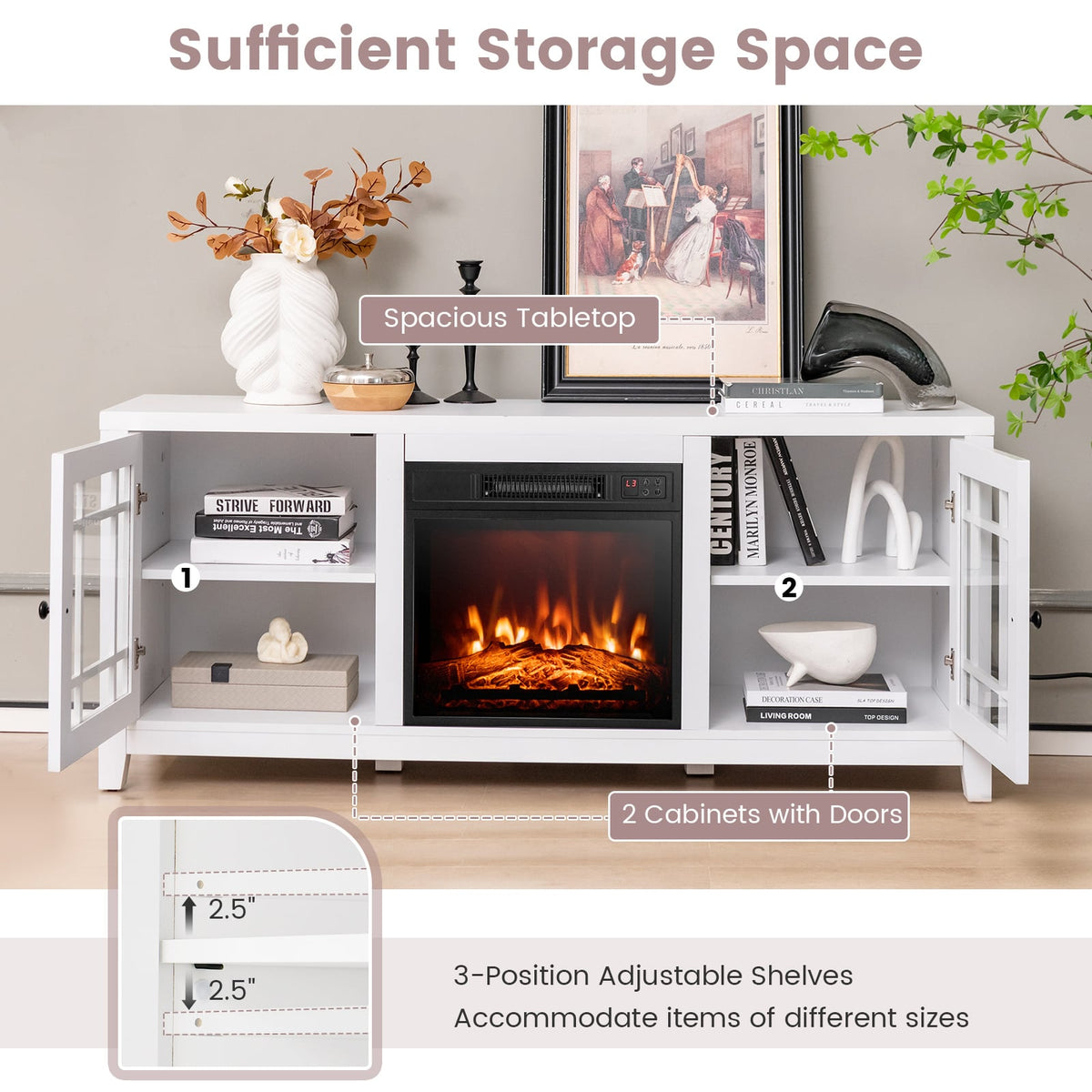 58 Inch Fireplace TV Stand with Adjustable Shelves for TVs up to 65 Inch-White-Entertainment Centers & TV Stands-DECOROLALA