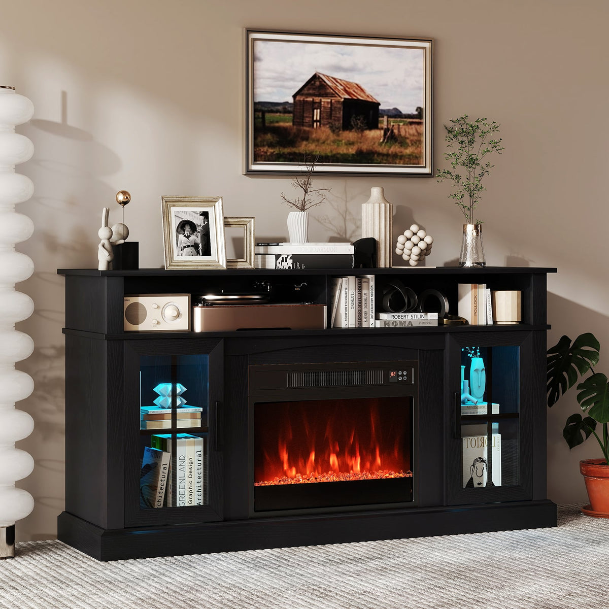 58 Inch Fireplace TV Stand with LED Lights with Storage Cabinets and Glass Doors-Black-Entertainment Centers & TV Stands-DECOROLALA