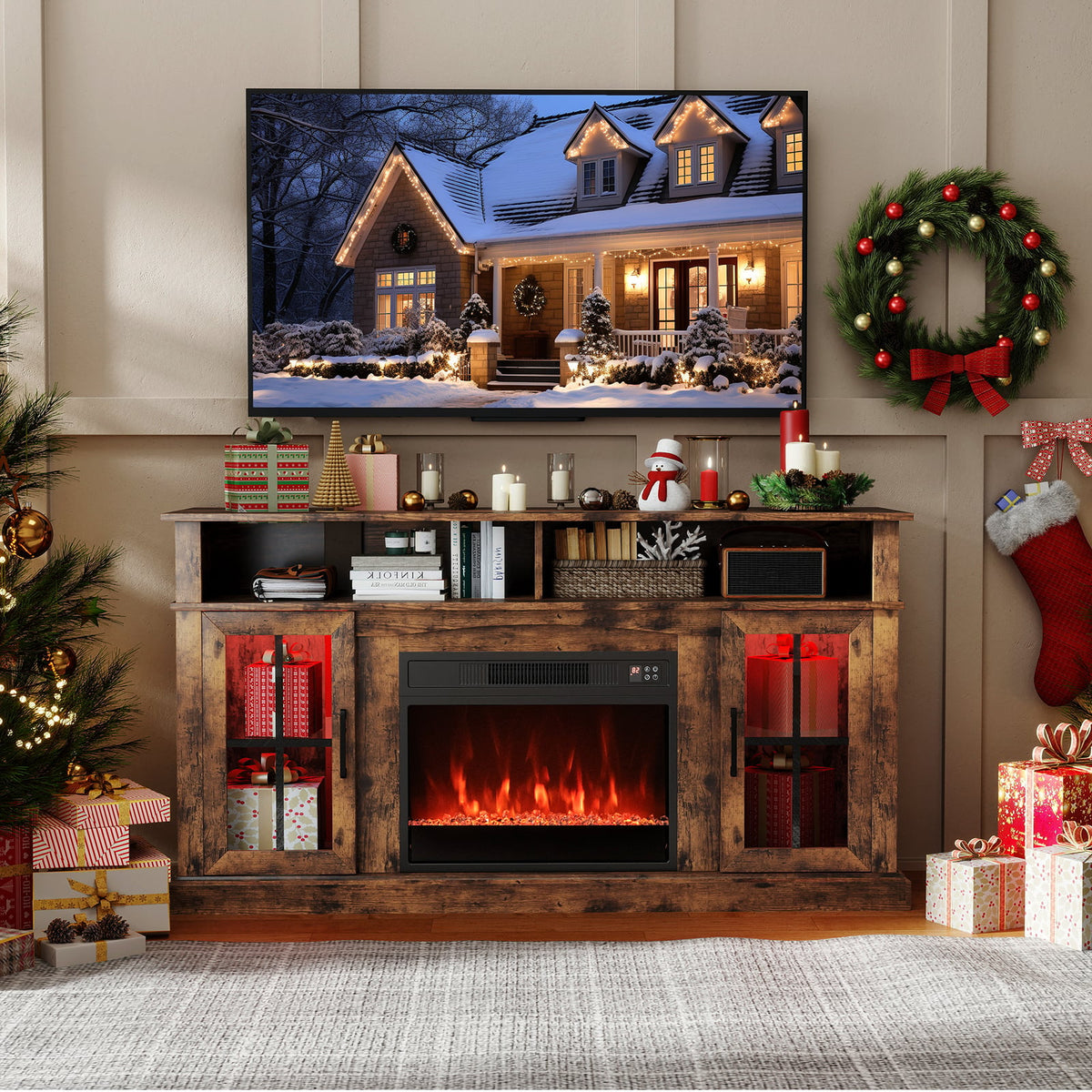 58 Inch Fireplace TV Stand with LED Lights with Storage Cabinets and Glass Doors-Rustic Brown-Entertainment Centers & TV Stands-DECOROLALA