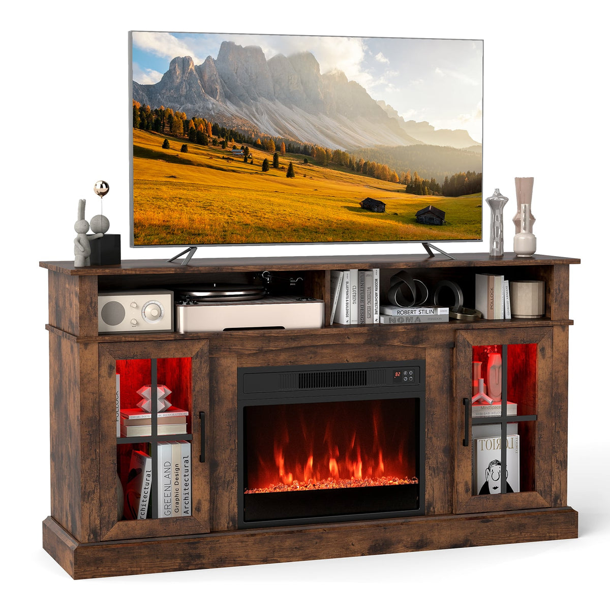 58 Inch Fireplace TV Stand with LED Lights with Storage Cabinets and Glass Doors-Rustic Brown-Entertainment Centers & TV Stands-DECOROLALA