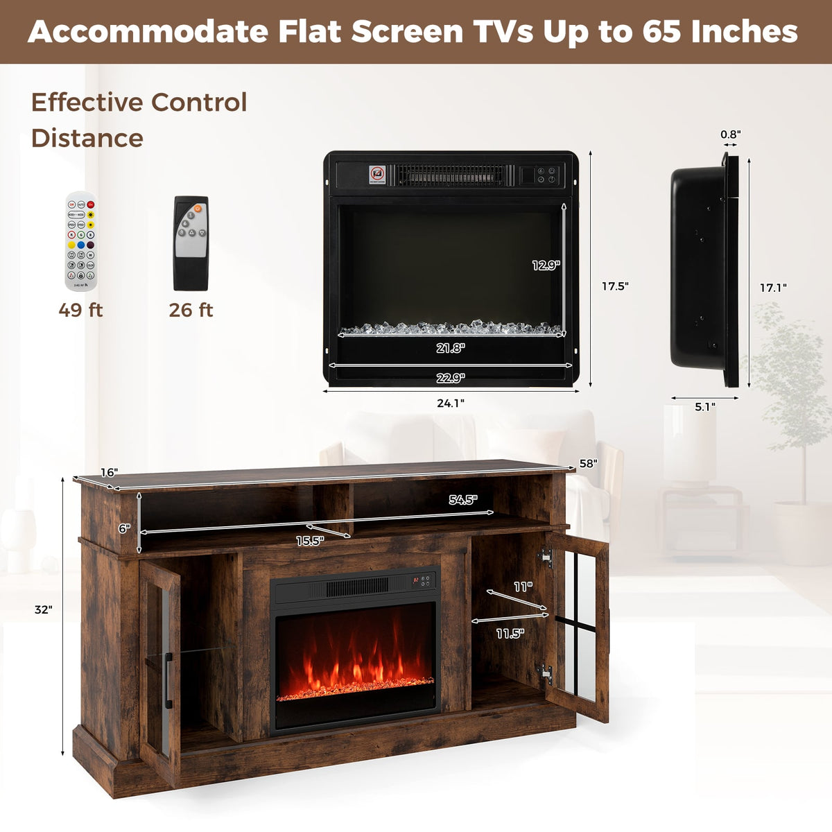 58 Inch Fireplace TV Stand with LED Lights with Storage Cabinets and Glass Doors-Rustic Brown-Entertainment Centers & TV Stands-DECOROLALA