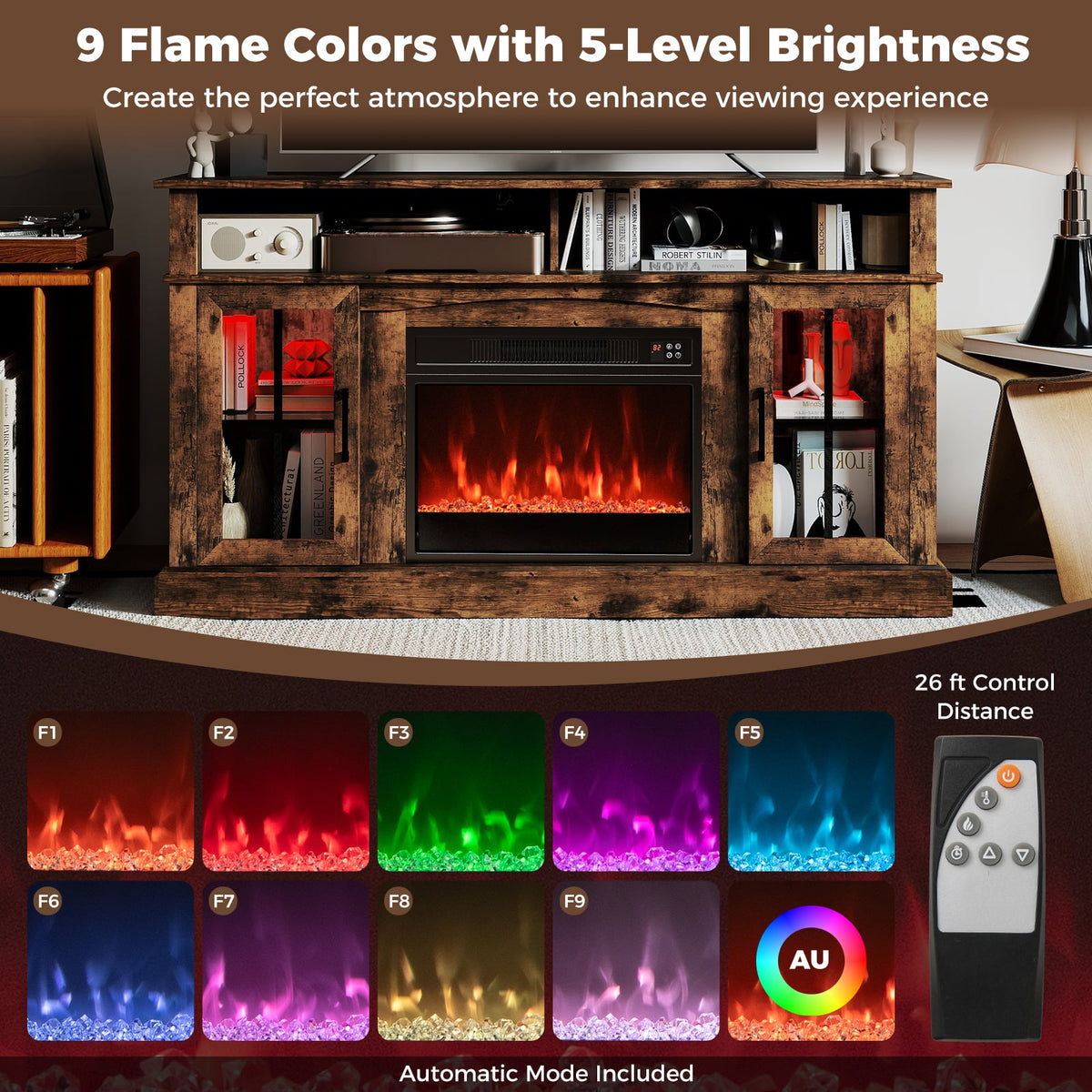 58 Inch Fireplace TV Stand with LED Lights with Storage Cabinets and Glass Doors-Rustic Brown-Entertainment Centers & TV Stands-DECOROLALA