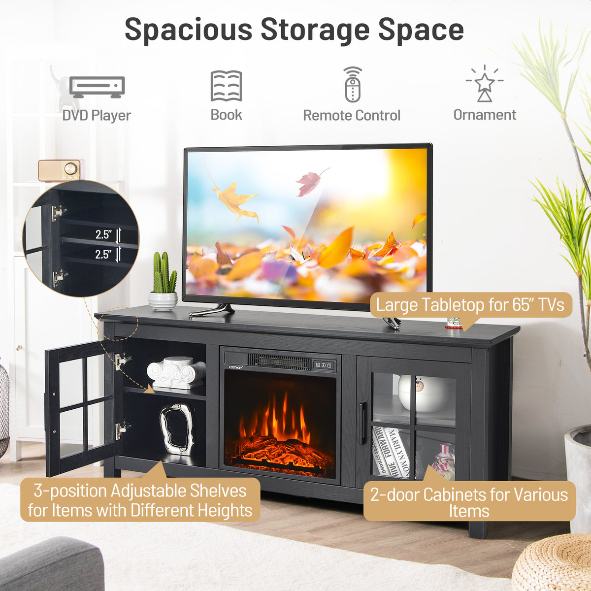 58 Inch Fireplace TV Stand with Remote Control for TVs up to 65 Inch-Black-Entertainment Centers & TV Stands-DECOROLALA
