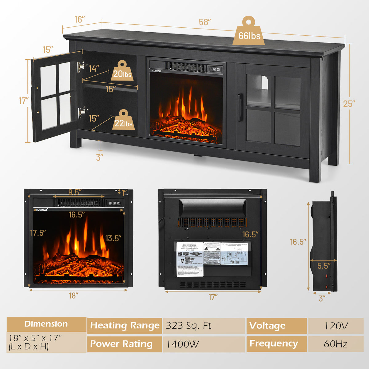 58 Inch Fireplace TV Stand with Remote Control for TVs up to 65 Inch-Black-Entertainment Centers & TV Stands-DECOROLALA