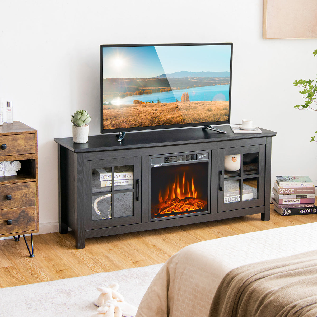 58 Inch Fireplace TV Stand with Remote Control for TVs up to 65 Inch-Black-Entertainment Centers & TV Stands-DECOROLALA