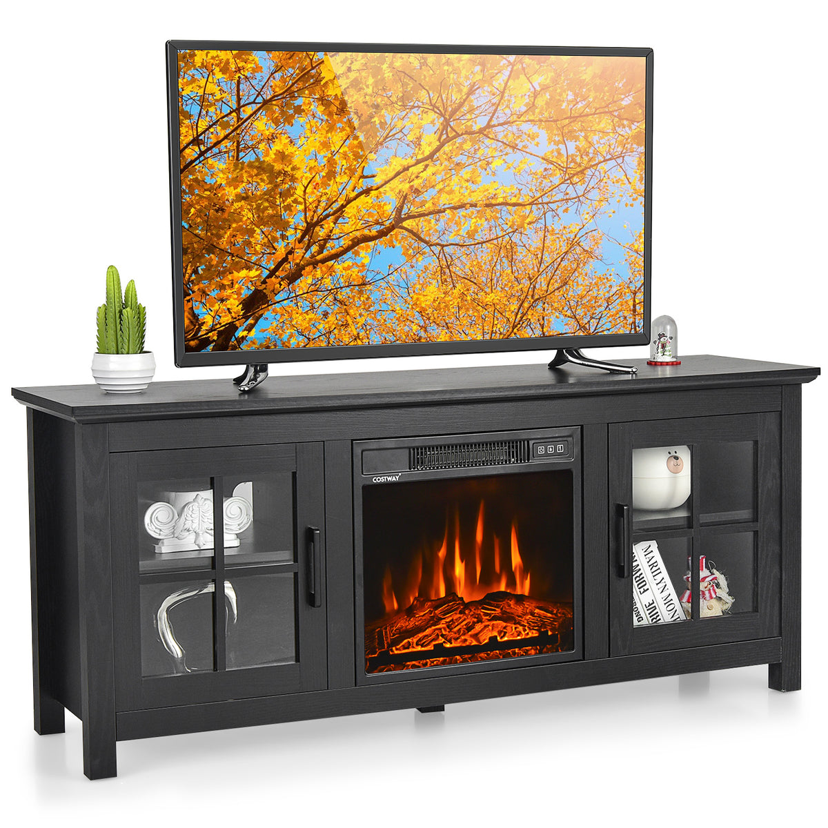 58 Inch Fireplace TV Stand with Remote Control for TVs up to 65 Inch-Black-Entertainment Centers & TV Stands-DECOROLALA