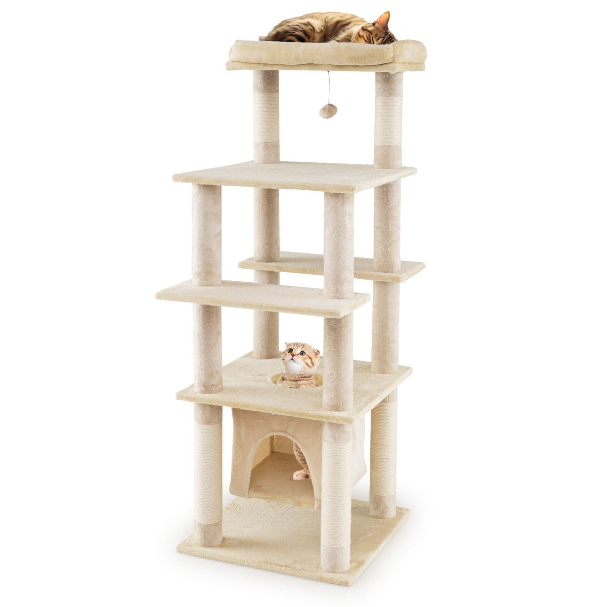 58 Inch Large Multi-level Cat Tree with Swaying Aerial Condo and Plush Perch Bed-Beige-Cat Trees & Scratchers-DECOROLALA