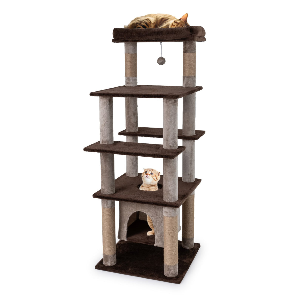 58 Inch Large Multi-level Cat Tree with Swaying Aerial Condo and Plush Perch Bed-Brown-Cat Trees & Scratchers-DECOROLALA