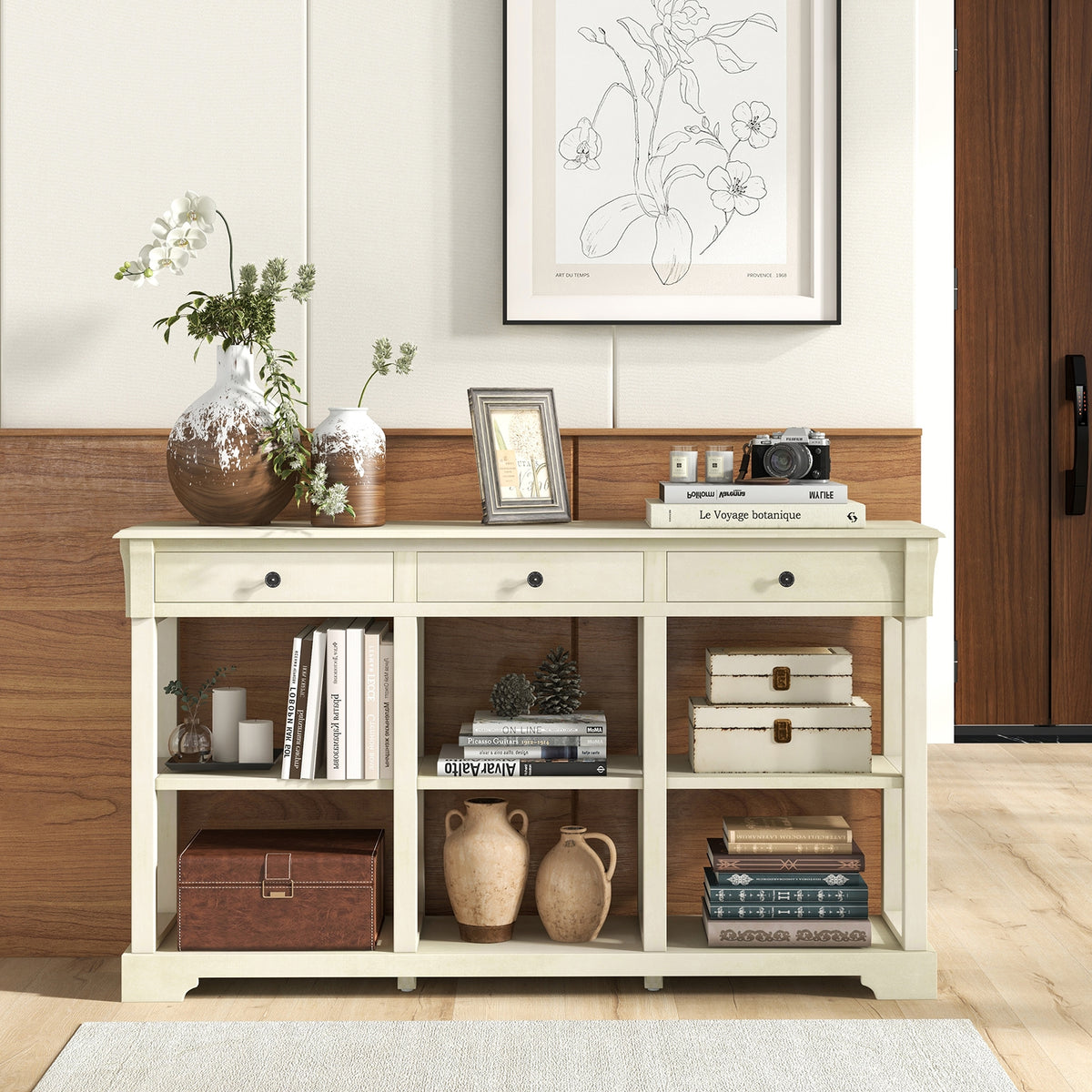 58 Inch Retro Console Table with 3 Drawers and Open Shelves Rectangular Entryway Table-White-Console Tables-DECOROLALA