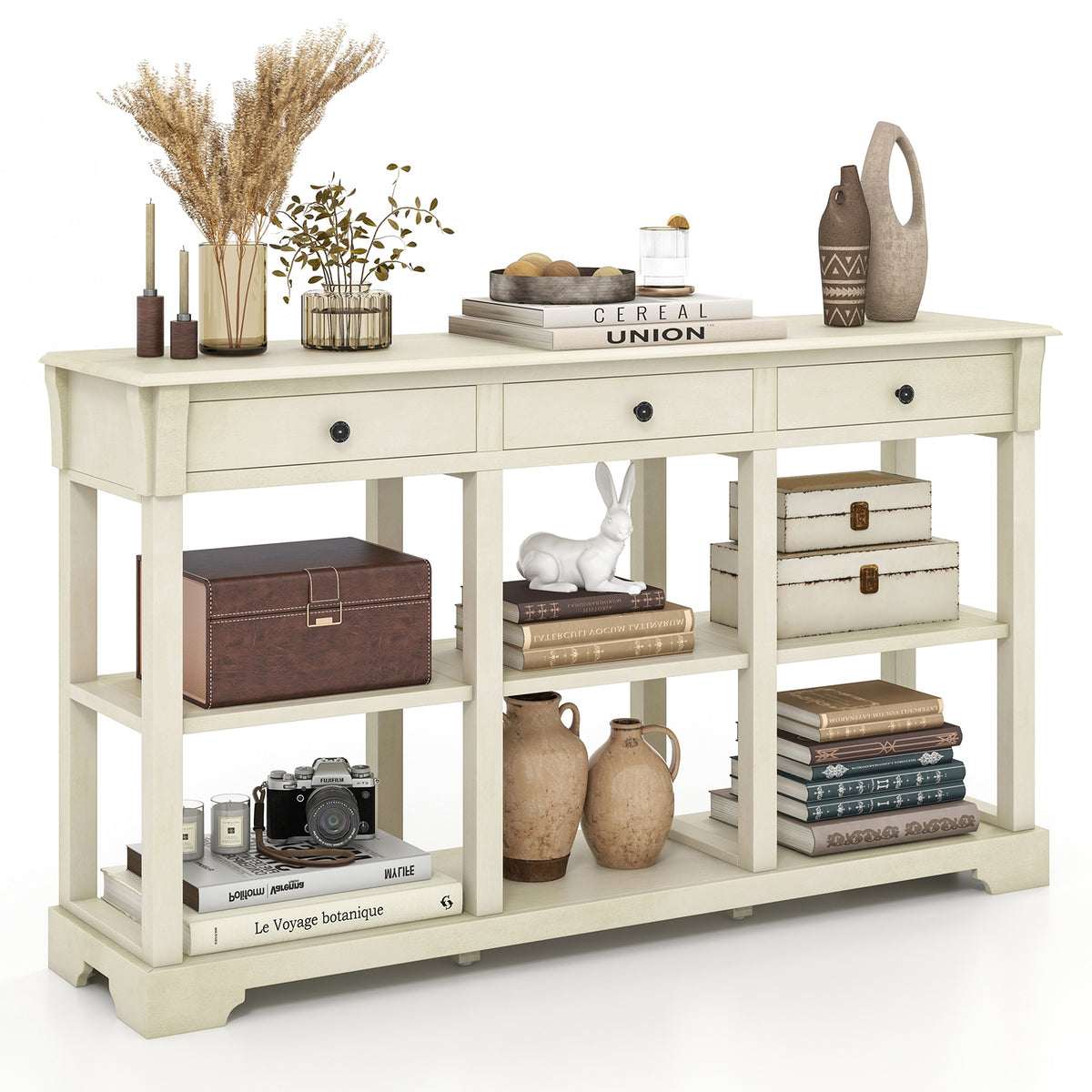 58 Inch Retro Console Table with 3 Drawers and Open Shelves Rectangular Entryway Table-White-Console Tables-DECOROLALA
