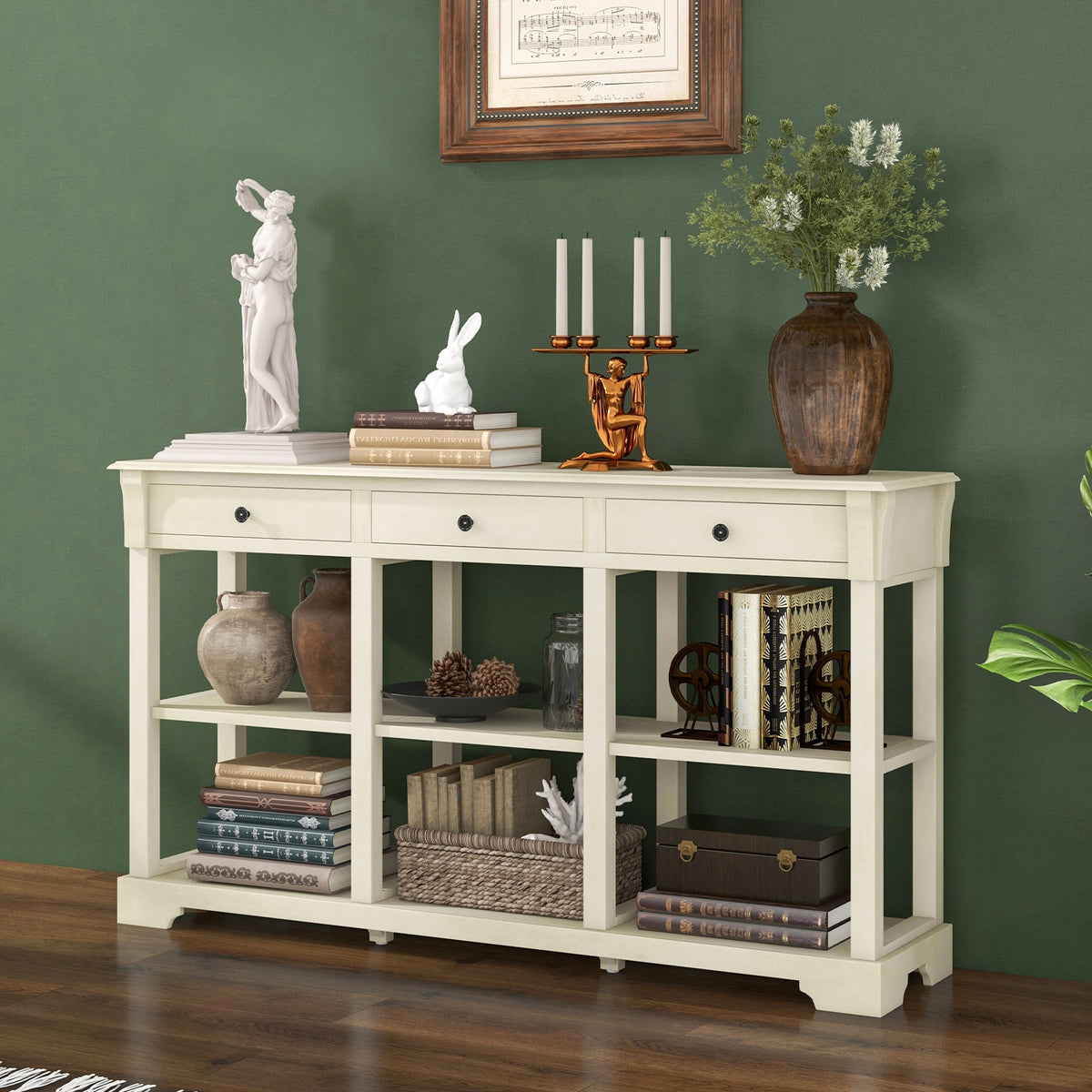 58 Inch Retro Console Table with 3 Drawers and Open Shelves Rectangular Entryway Table-White-Console Tables-DECOROLALA