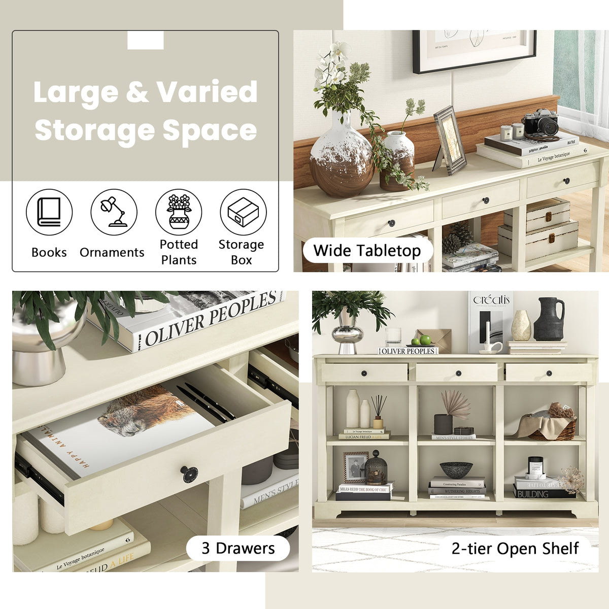 58 Inch Retro Console Table with 3 Drawers and Open Shelves Rectangular Entryway Table-White-Console Tables-DECOROLALA