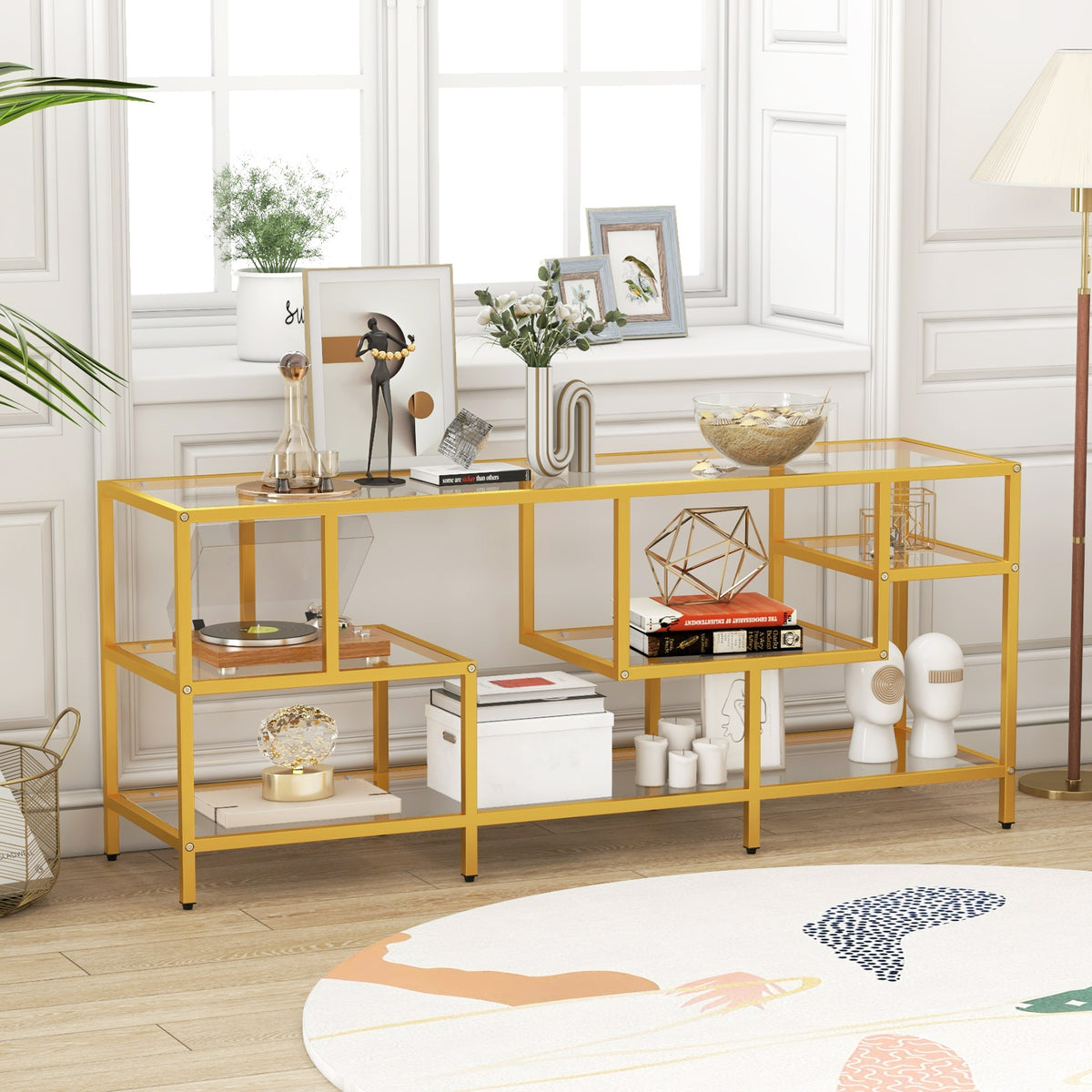 58 Inch TV Console Table with Tempered Glass Shelves for Living Room-Gold-Entertainment Centers & TV Stands-DECOROLALA