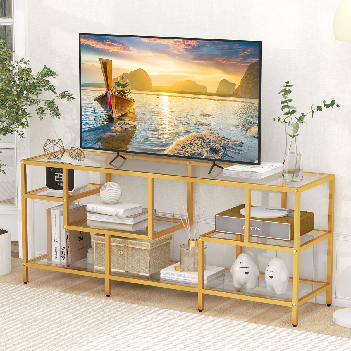 58 Inch TV Console Table with Tempered Glass Shelves for Living Room-Gold-Entertainment Centers & TV Stands-DECOROLALA