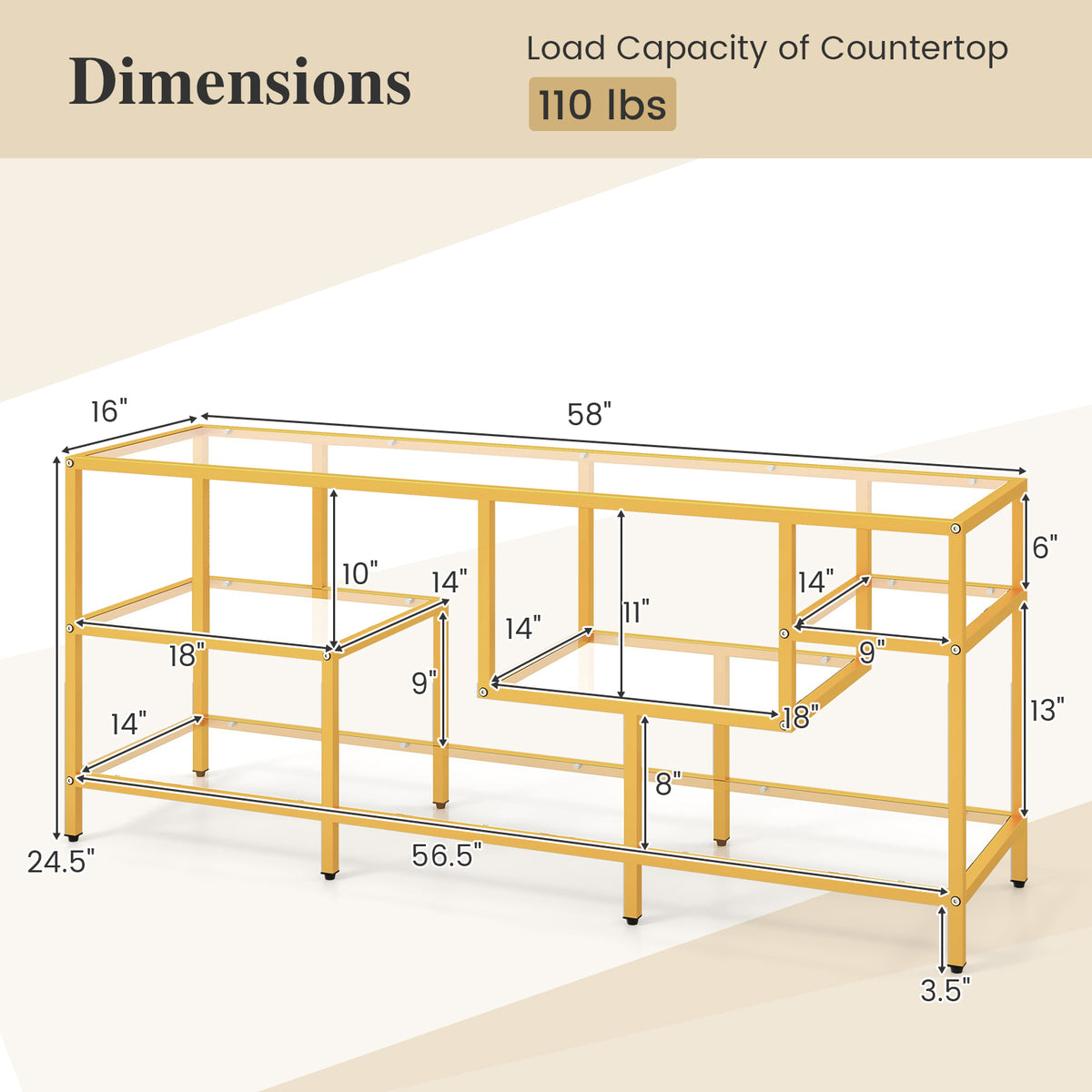 58 Inch TV Console Table with Tempered Glass Shelves for Living Room-Gold-Entertainment Centers & TV Stands-DECOROLALA