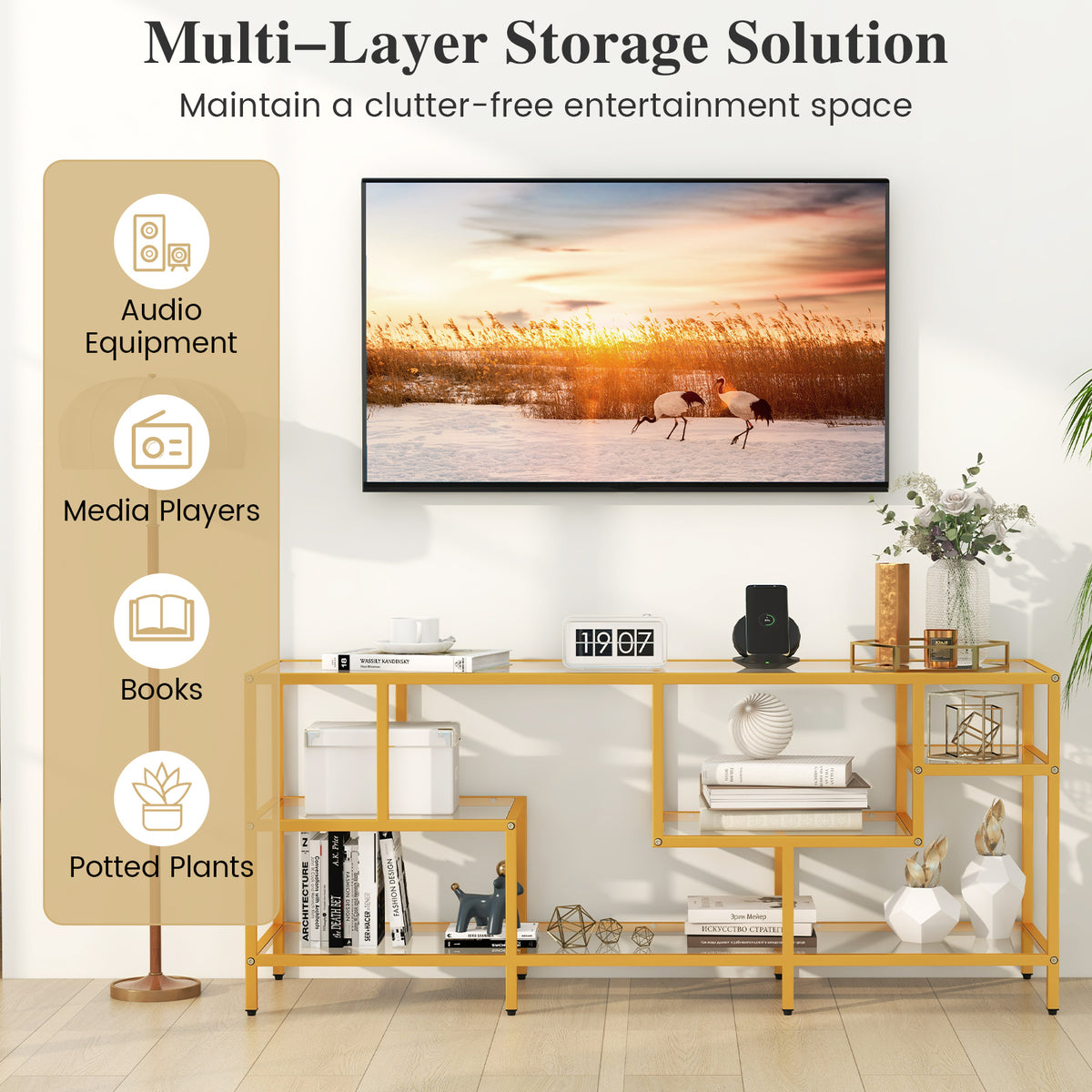 58 Inch TV Console Table with Tempered Glass Shelves for Living Room-Gold-Entertainment Centers & TV Stands-DECOROLALA