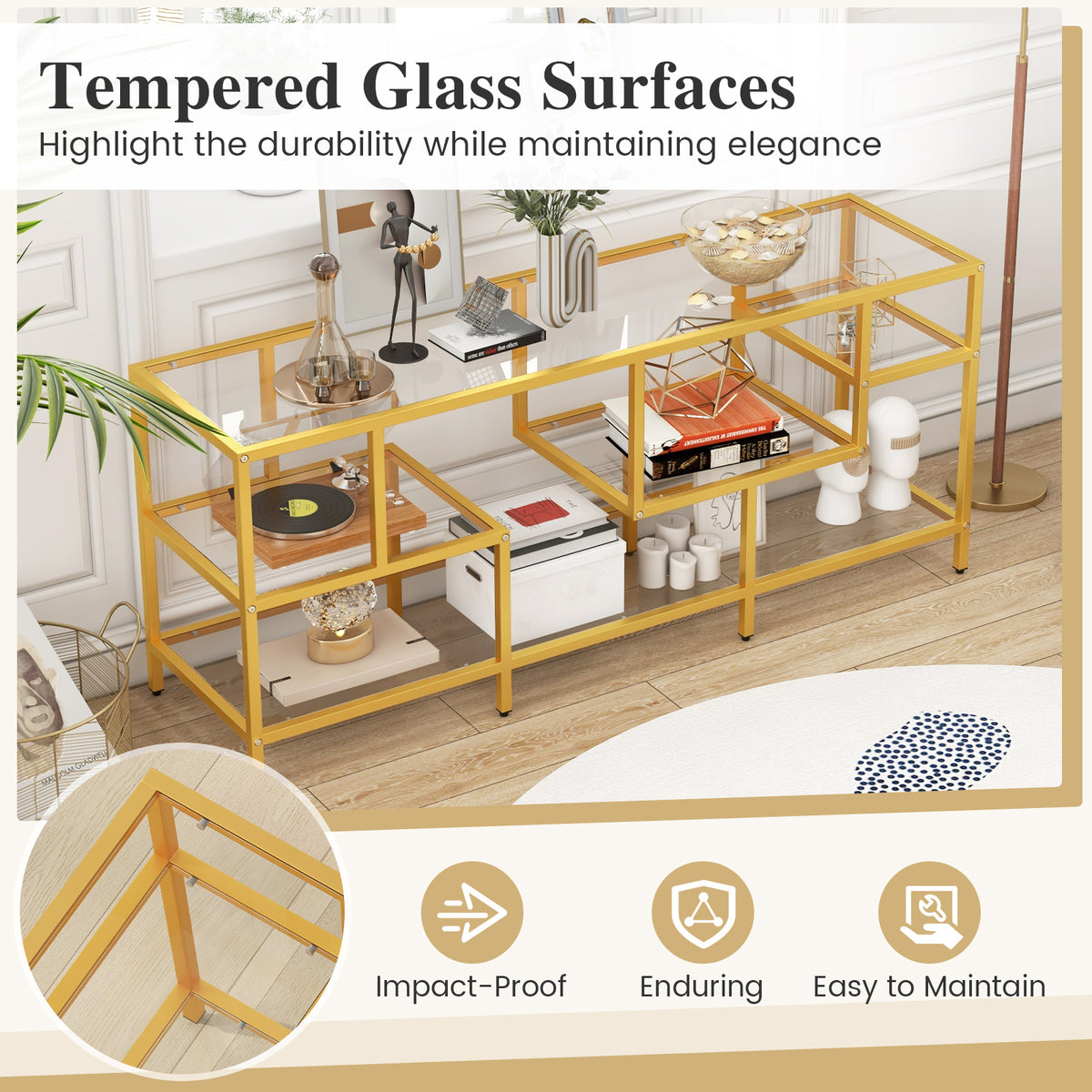 58 Inch TV Console Table with Tempered Glass Shelves for Living Room-Gold-Entertainment Centers & TV Stands-DECOROLALA