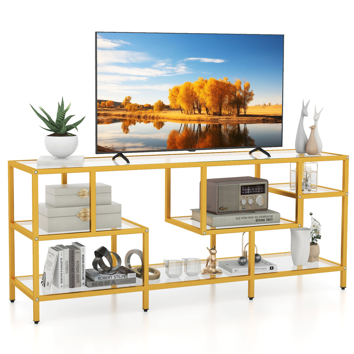 58 Inch TV Console Table with Tempered Glass Shelves for Living Room-Gold-Entertainment Centers & TV Stands-DECOROLALA