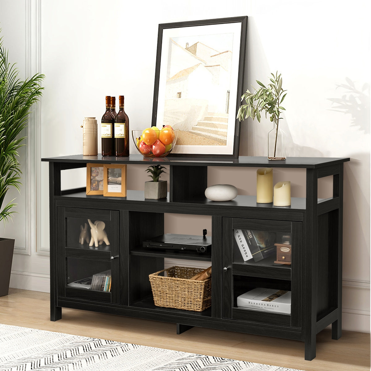 58 Inch TV Stand Entertainment Console Center with 2 Cabinets-Black-Entertainment Centers & TV Stands-DECOROLALA