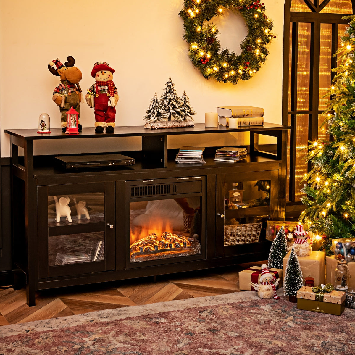 58 Inch TV Stand Entertainment Console Center with 2 Cabinets-Black-Entertainment Centers & TV Stands-DECOROLALA