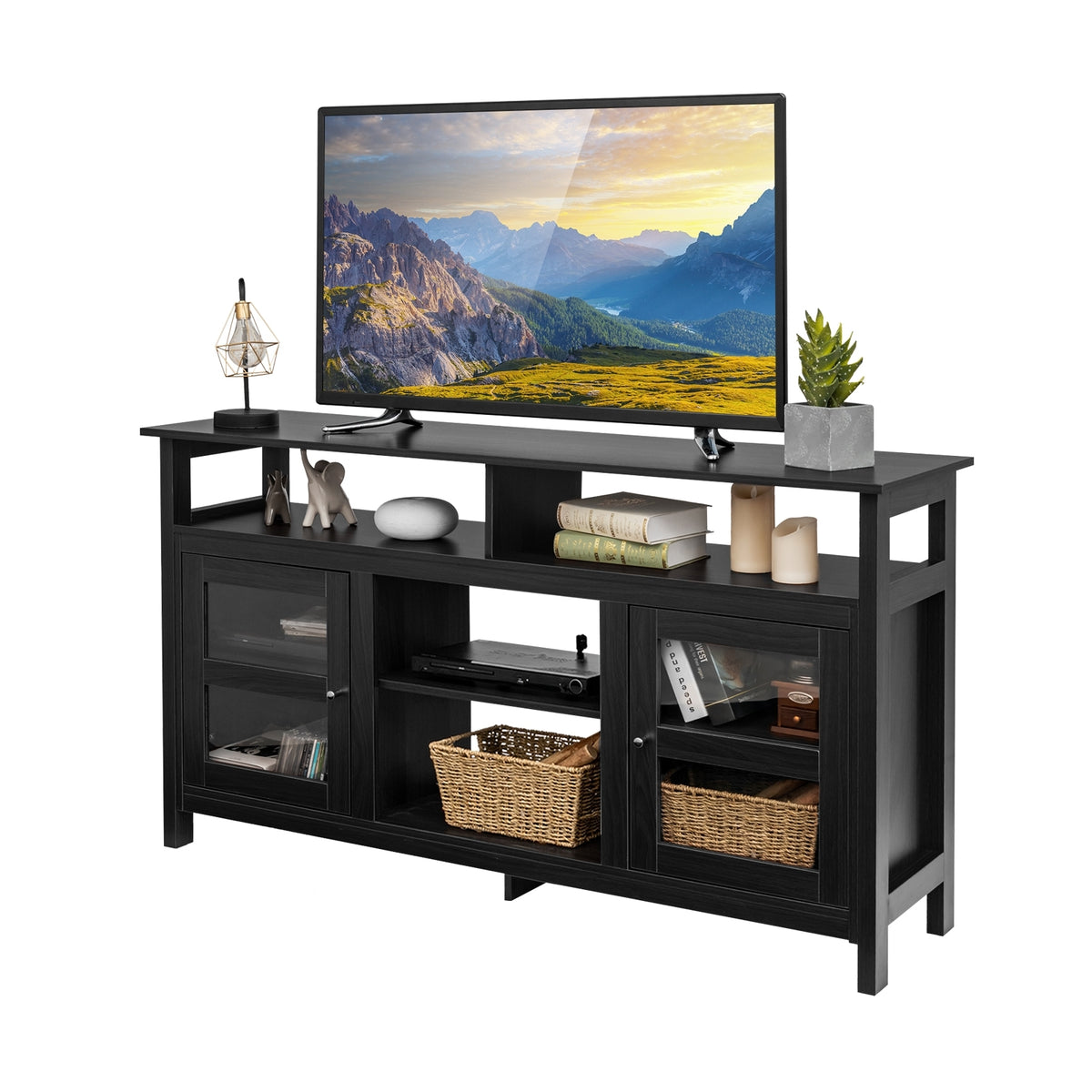 58 Inch TV Stand Entertainment Console Center with 2 Cabinets-Black-Entertainment Centers & TV Stands-DECOROLALA
