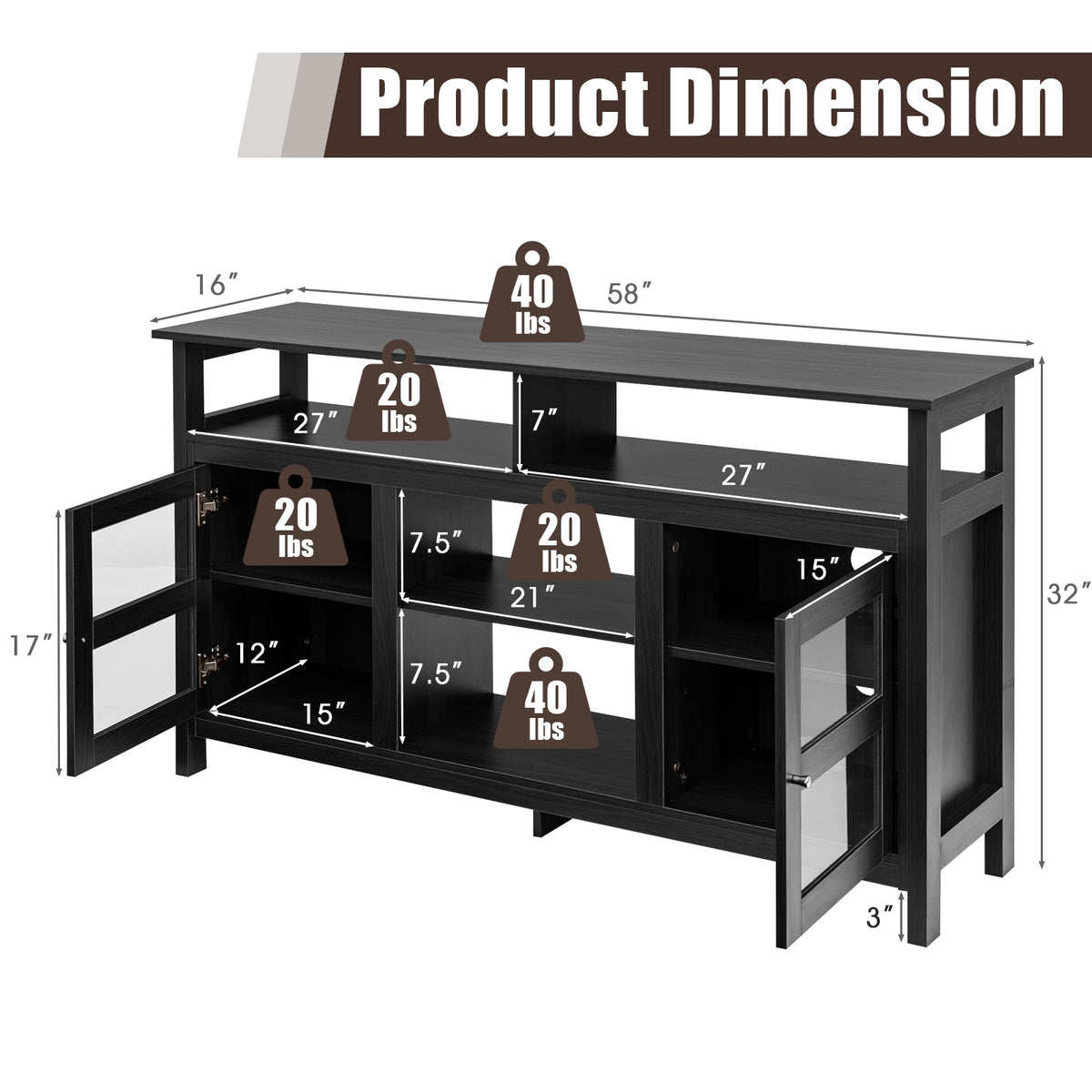 58 Inch TV Stand Entertainment Console Center with 2 Cabinets-Black-Entertainment Centers & TV Stands-DECOROLALA