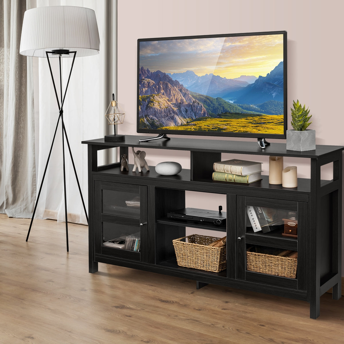 58 Inch TV Stand Entertainment Console Center with 2 Cabinets-Black-Entertainment Centers & TV Stands-DECOROLALA