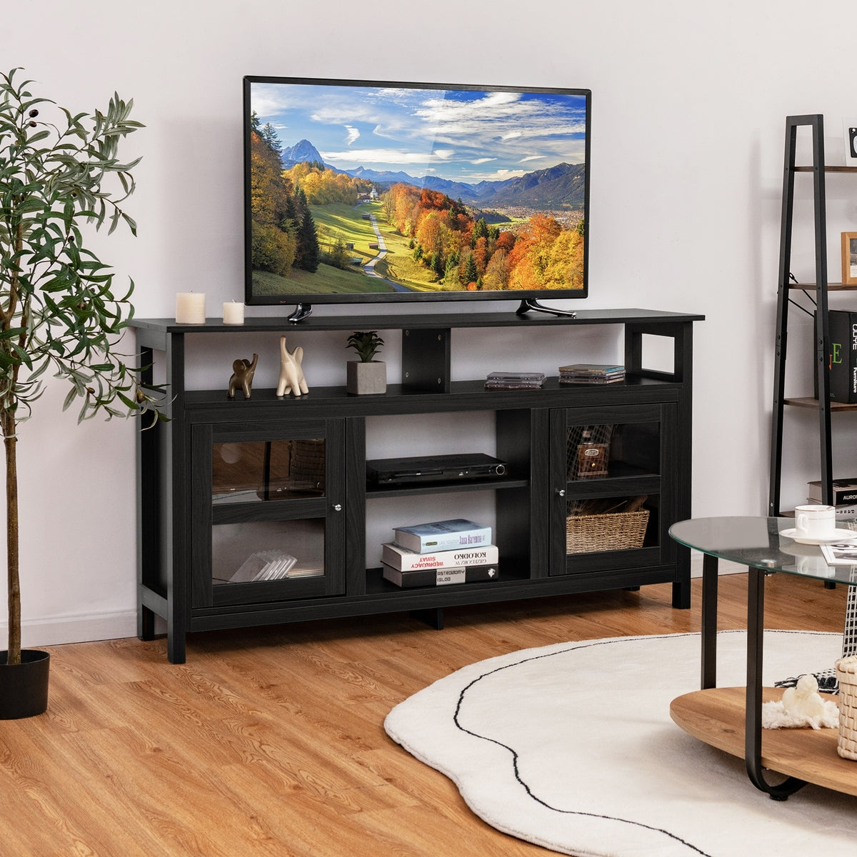 58 Inch TV Stand Entertainment Console Center with 2 Cabinets-Black-Entertainment Centers & TV Stands-DECOROLALA