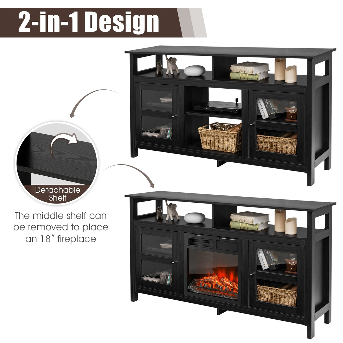 58 Inch TV Stand Entertainment Console Center with 2 Cabinets-Black-Entertainment Centers & TV Stands-DECOROLALA