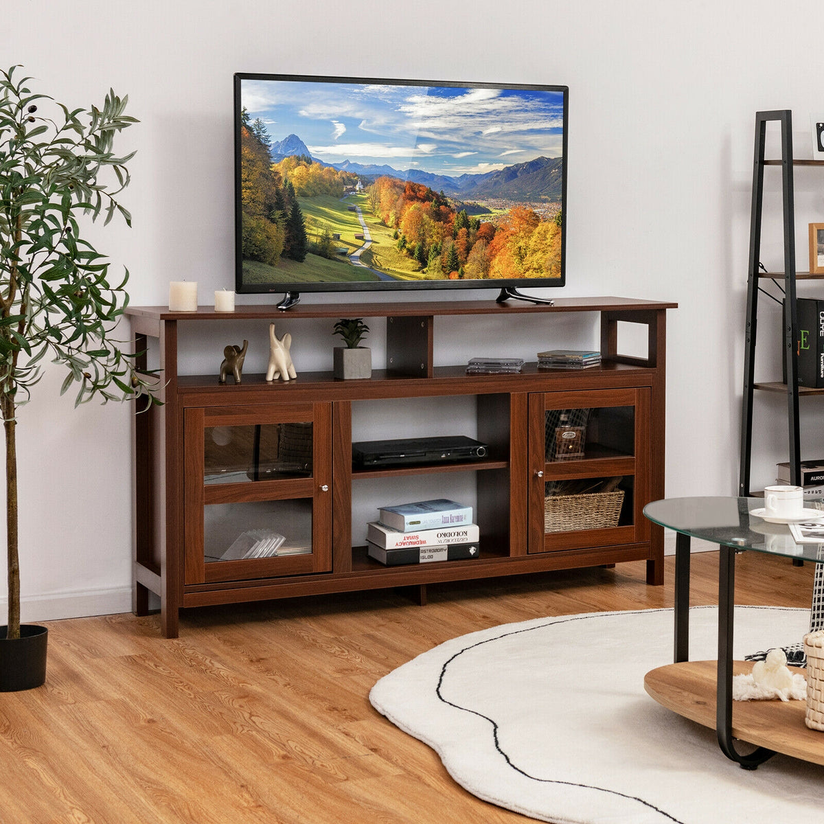 58 Inch TV Stand Entertainment Console Center with 2 Cabinets-Brown-Entertainment Centers & TV Stands-DECOROLALA