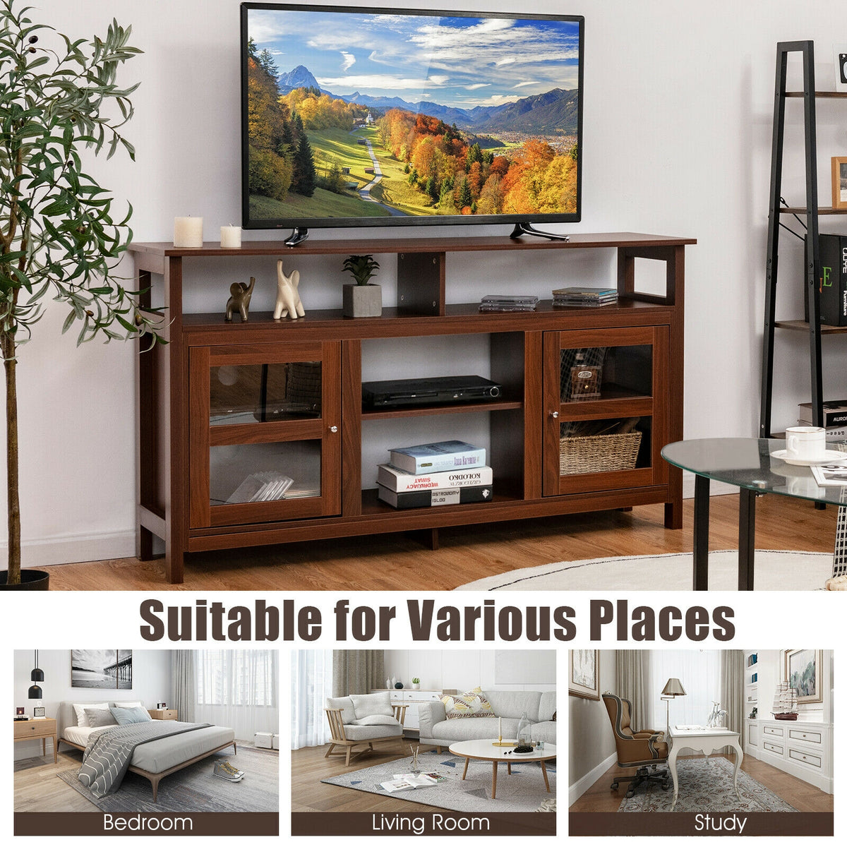 58 Inch TV Stand Entertainment Console Center with 2 Cabinets-Brown-Entertainment Centers & TV Stands-DECOROLALA