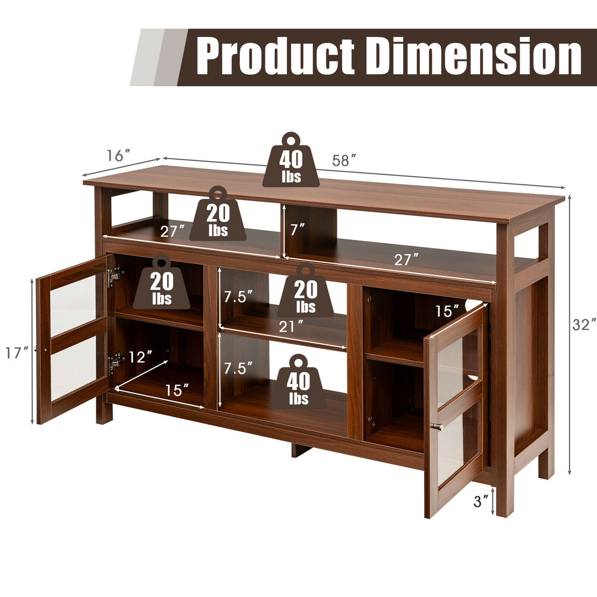 58 Inch TV Stand Entertainment Console Center with 2 Cabinets-Brown-Entertainment Centers & TV Stands-DECOROLALA