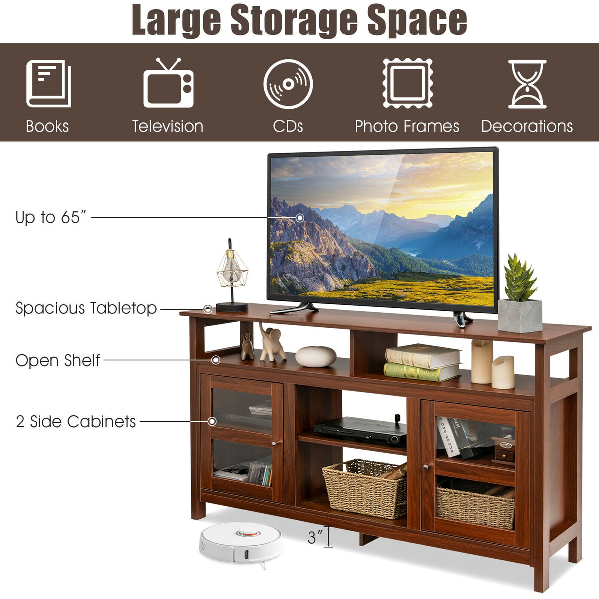58 Inch TV Stand Entertainment Console Center with 2 Cabinets-Brown-Entertainment Centers & TV Stands-DECOROLALA