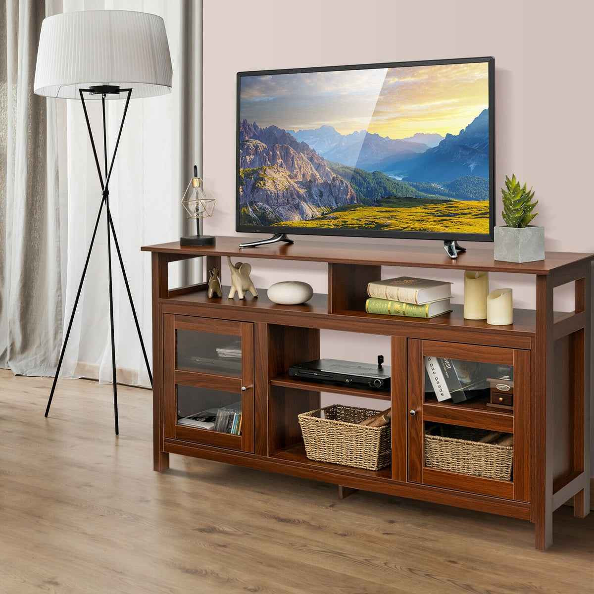 58 Inch TV Stand Entertainment Console Center with 2 Cabinets-Brown-Entertainment Centers & TV Stands-DECOROLALA