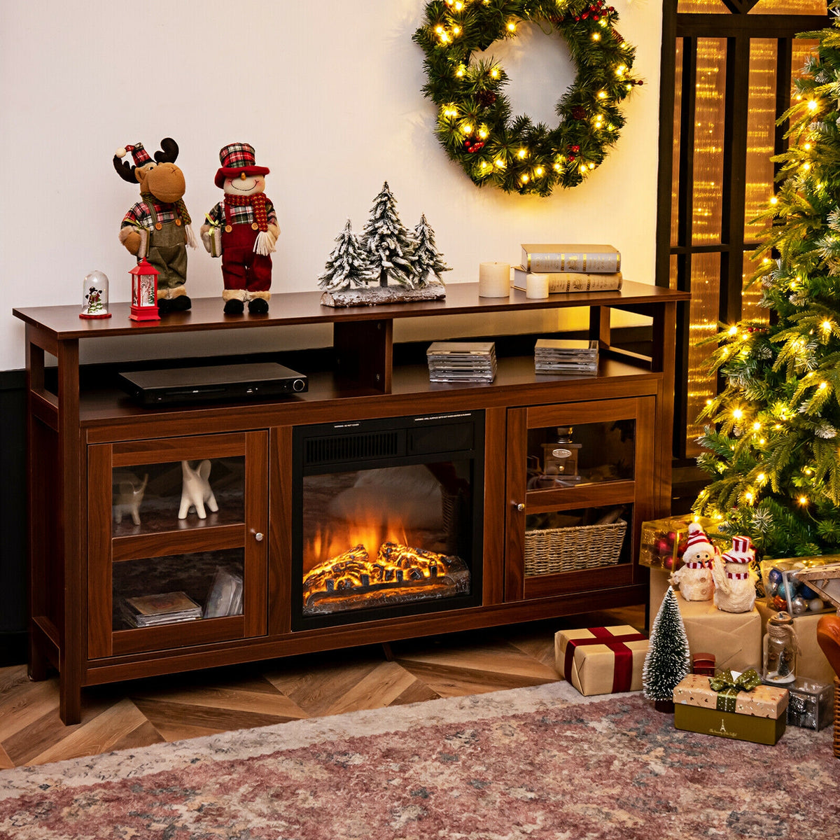 58 Inch TV Stand Entertainment Console Center with 2 Cabinets-Brown-Entertainment Centers & TV Stands-DECOROLALA