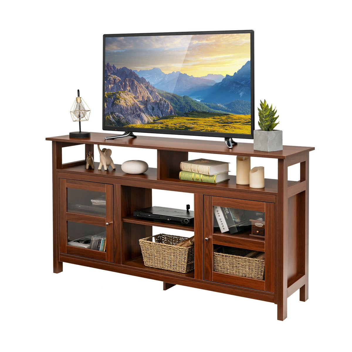 58 Inch TV Stand Entertainment Console Center with 2 Cabinets-Brown-Entertainment Centers & TV Stands-DECOROLALA