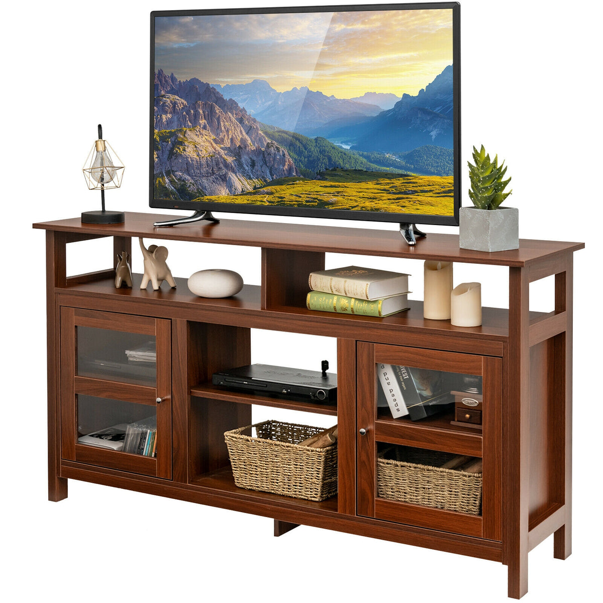 58 Inch TV Stand Entertainment Console Center with 2 Cabinets-Brown-Entertainment Centers & TV Stands-DECOROLALA