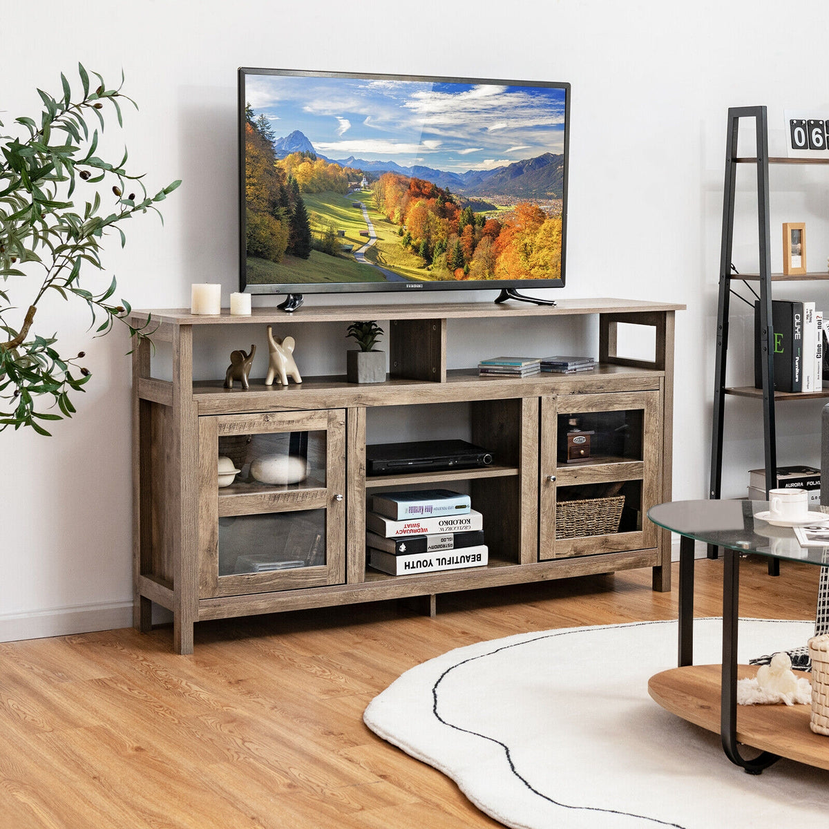 58 Inch TV Stand Entertainment Console Center with 2 Cabinets-Natural color-Entertainment Centers & TV Stands-DECOROLALA