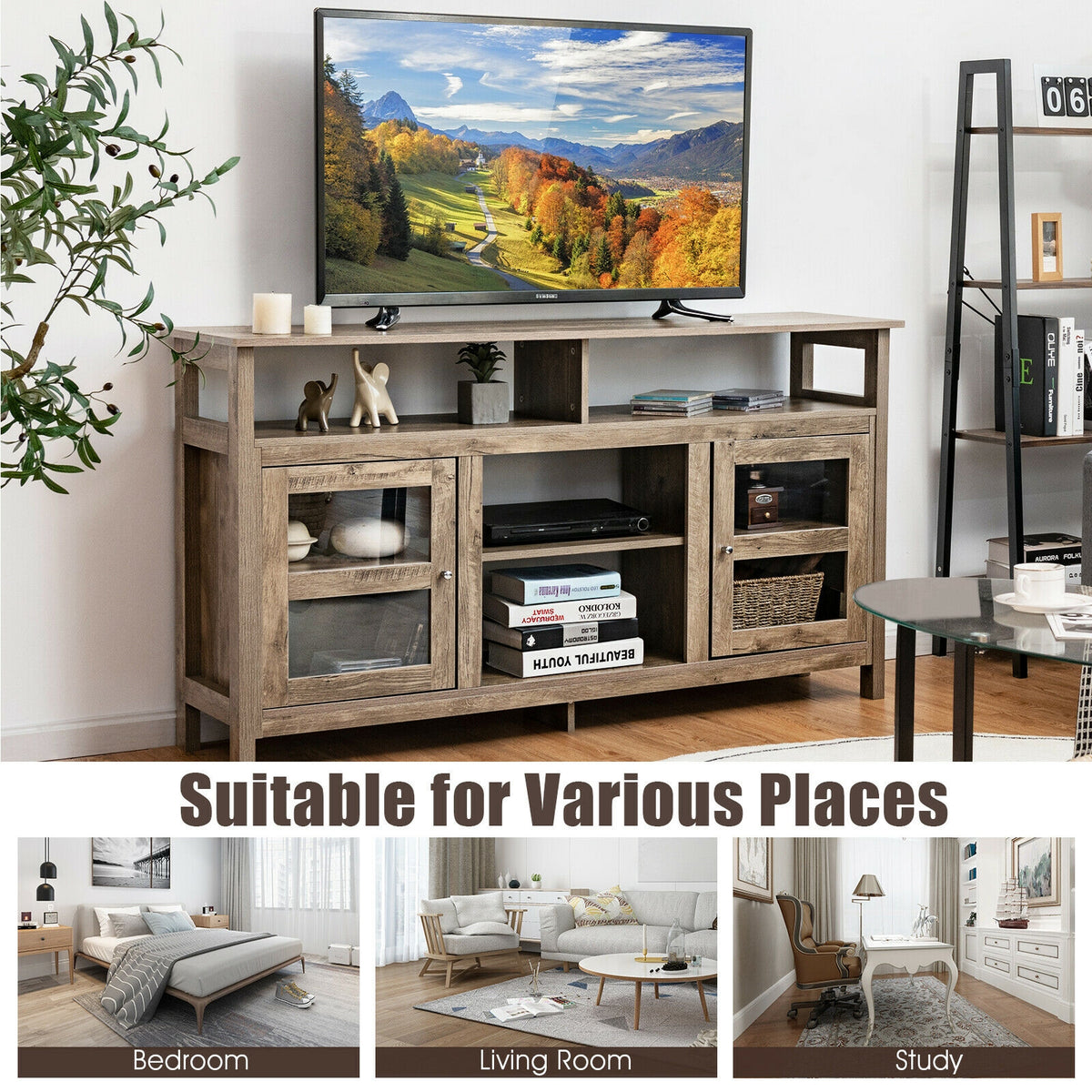58 Inch TV Stand Entertainment Console Center with 2 Cabinets-Natural color-Entertainment Centers & TV Stands-DECOROLALA