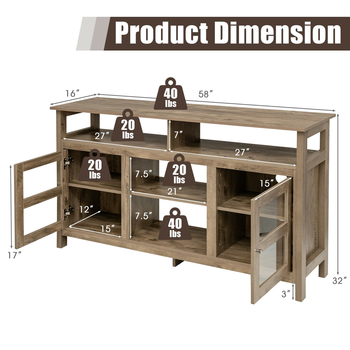 58 Inch TV Stand Entertainment Console Center with 2 Cabinets-Natural color-Entertainment Centers & TV Stands-DECOROLALA