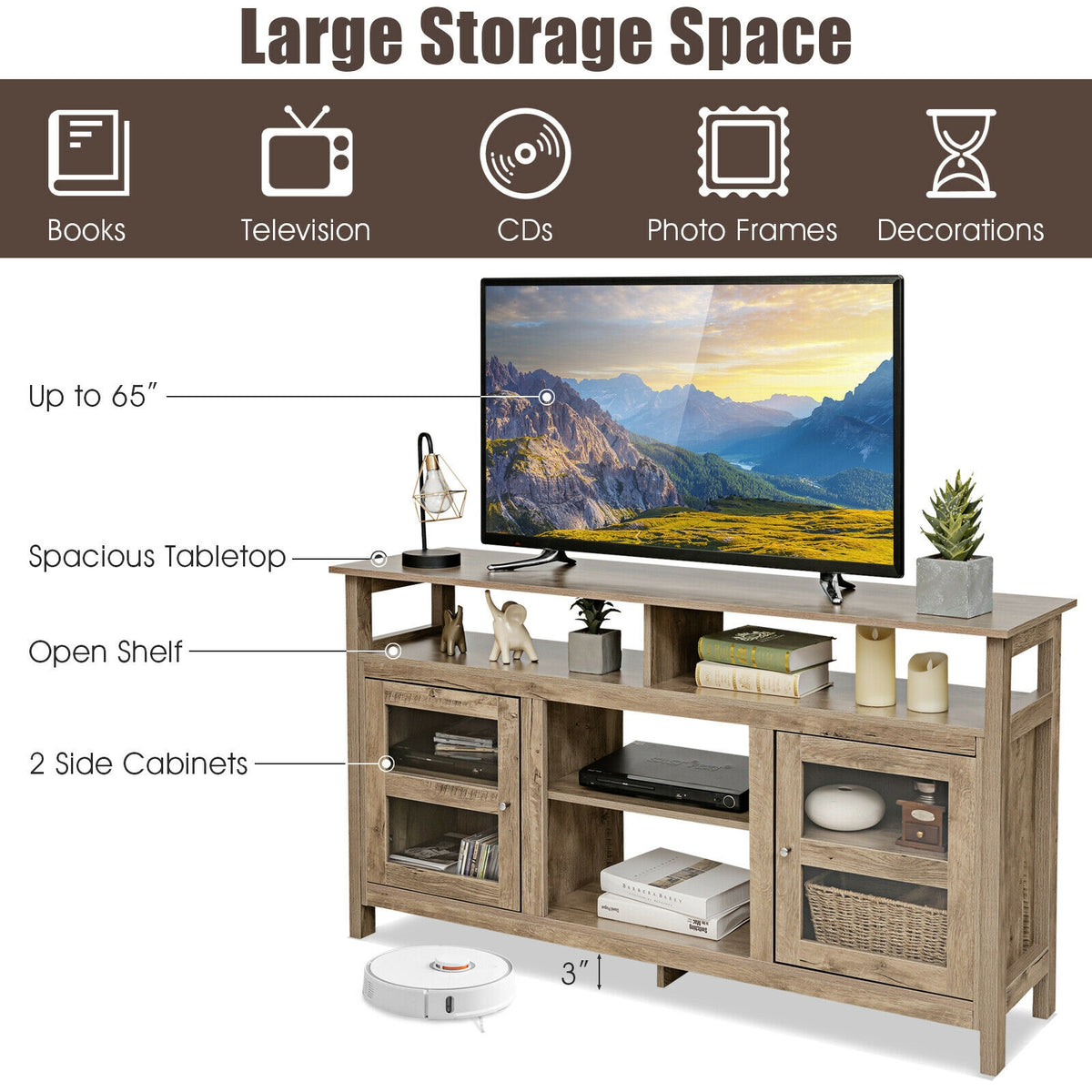 58 Inch TV Stand Entertainment Console Center with 2 Cabinets-Natural color-Entertainment Centers & TV Stands-DECOROLALA