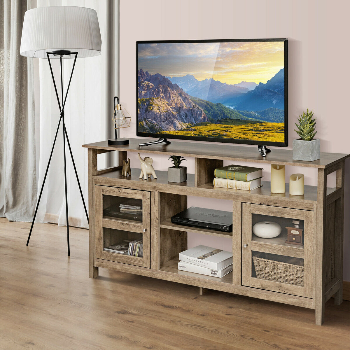 58 Inch TV Stand Entertainment Console Center with 2 Cabinets-Natural color-Entertainment Centers & TV Stands-DECOROLALA