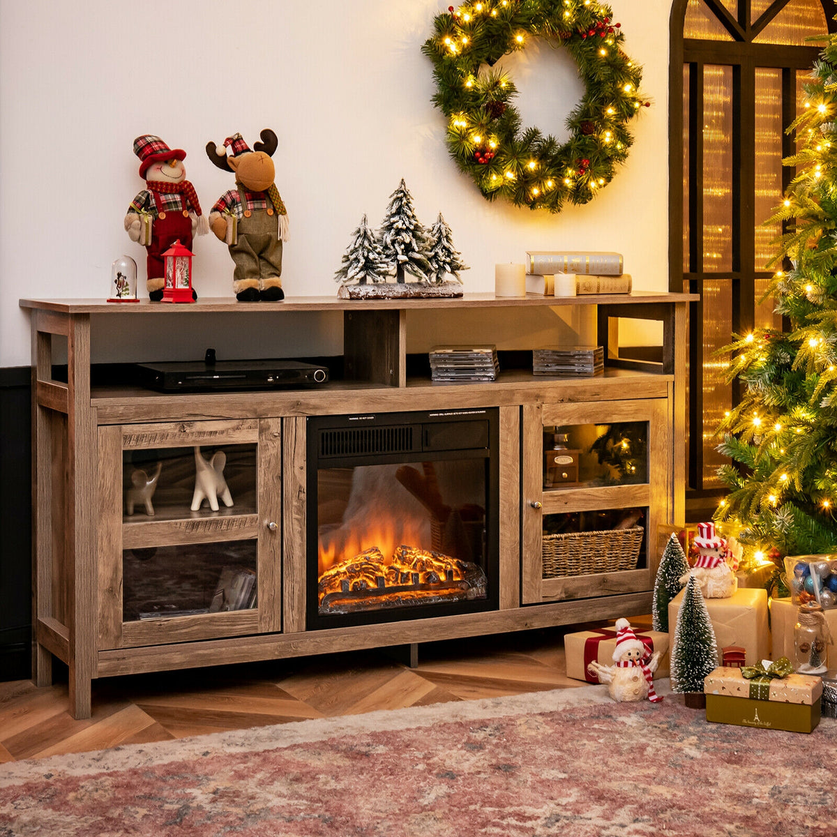 58 Inch TV Stand Entertainment Console Center with 2 Cabinets-Natural color-Entertainment Centers & TV Stands-DECOROLALA
