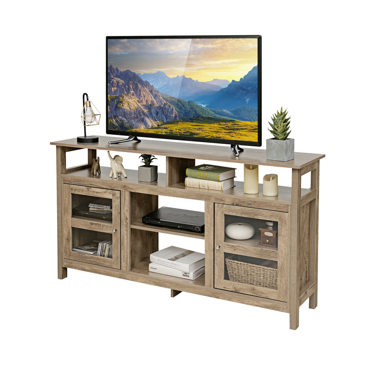 58 Inch TV Stand Entertainment Console Center with 2 Cabinets-Natural color-Entertainment Centers & TV Stands-DECOROLALA