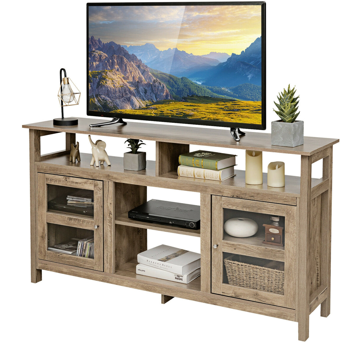 58 Inch TV Stand Entertainment Console Center with 2 Cabinets-Natural color-Entertainment Centers & TV Stands-DECOROLALA